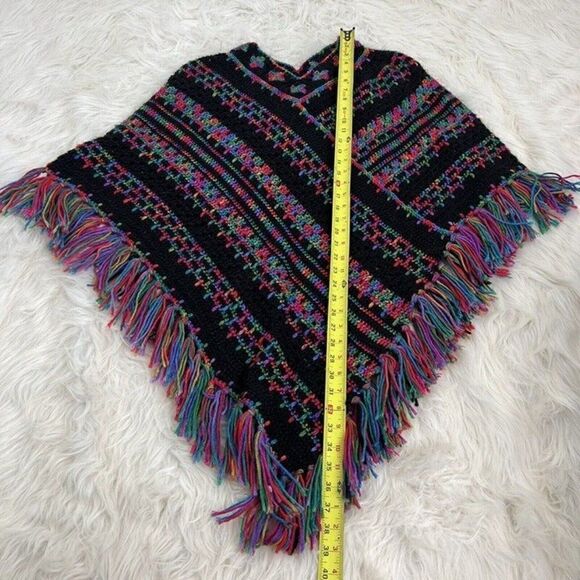 Crocheted Handmade Boho Black Rainbow Loose Knit Fringe Shawl Poncho Sweater OS - Picture 5 of 12